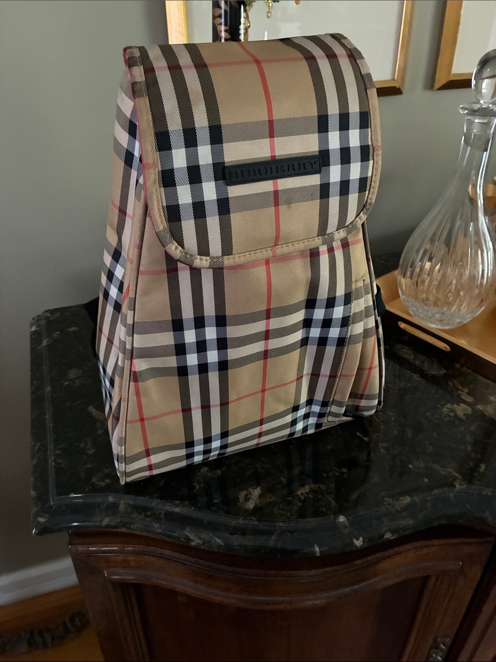 Burberry Tan Plaid golf Backpack with Black and Red Accents